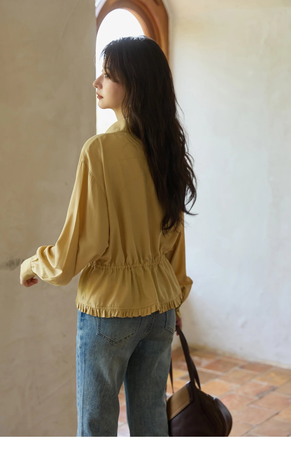 MISHOW Yellow Drawstring Waist Shirt Lapel Lantern Sleeve MXE42C2368