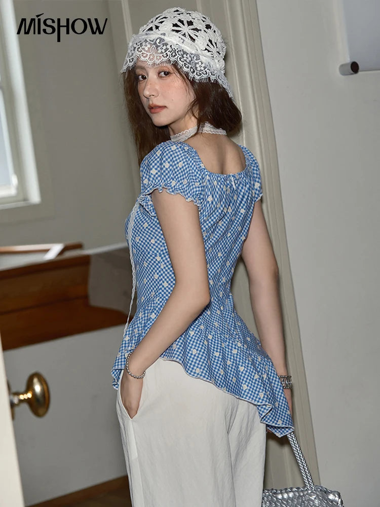MISHOW Plaid Print Puff Sleeve Top Square Neck Lace Up MXE39X1930