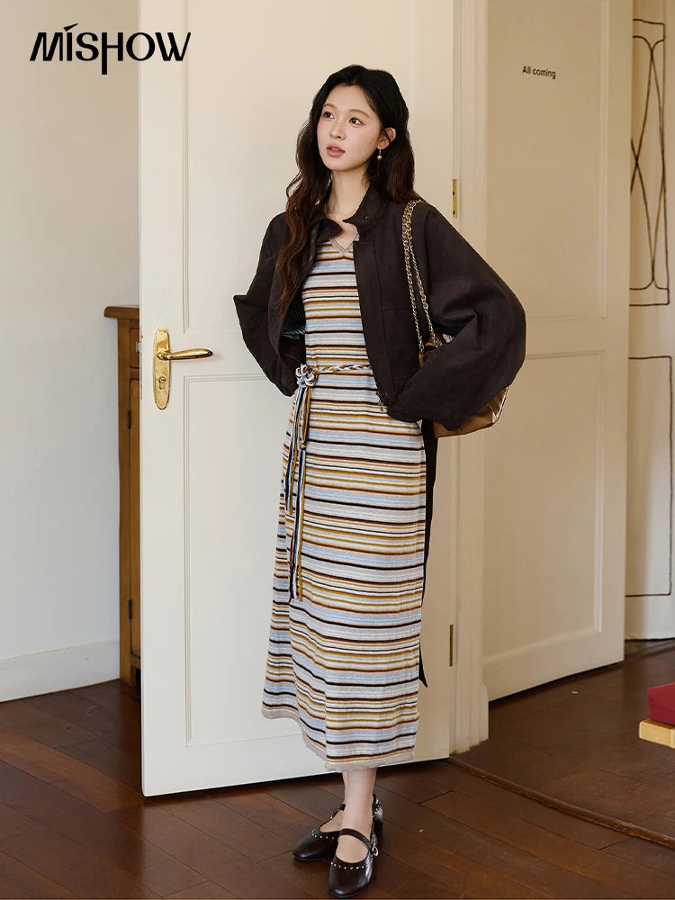 Mishow Striped V-Neck Tied Waist Long Dress MXE46L2521