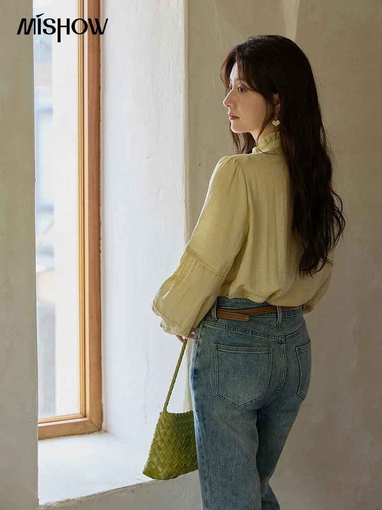 MISHOW Women's Light Yellow Linen Shirt Stand Collar Lace Sleeves MXE42X1976