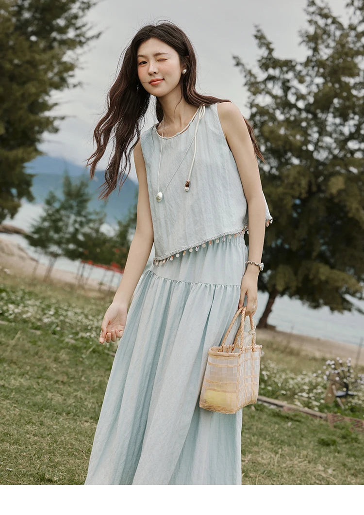 Mishow Sleeveless Round Neck Vest & Solid Midi Skirt Set MXE33T0526
