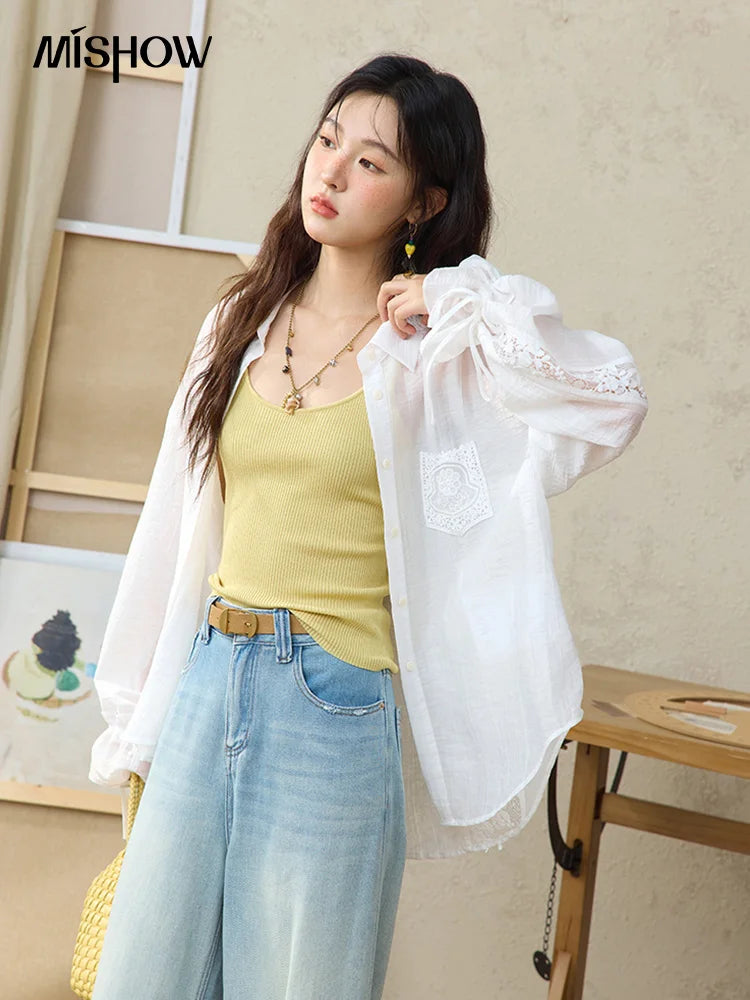 MISHOW Women's Patchwork Lace Shirt Lapel Drop Sleeve Drawstring Cuffs MXE31C0789