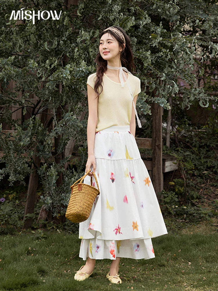 MISHOW White Background Flower Cotton Skirt High Waist A-LINE MXE32B0720