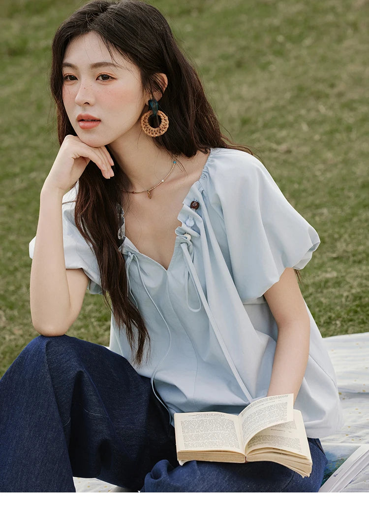 MISHOW V-Neck Puff Sleeve Blouse Beaded Retro Top MXE33X1757