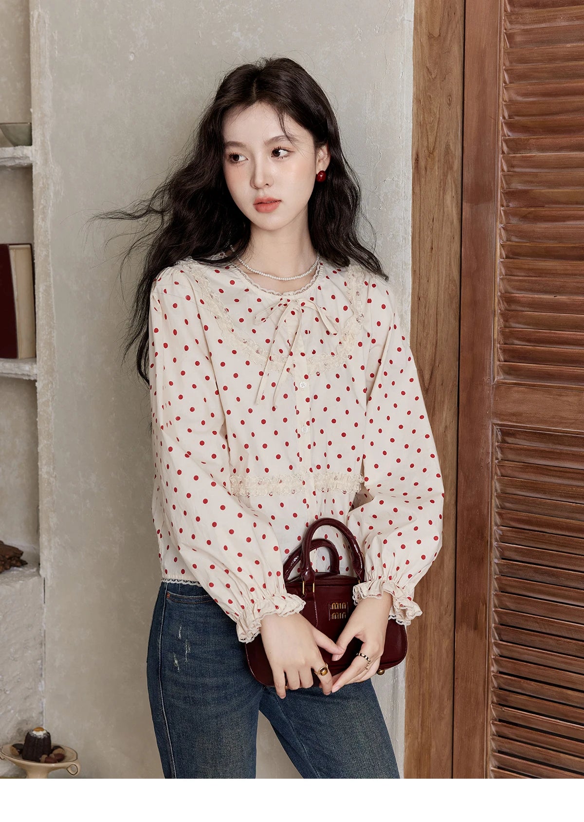 MISHOW Lace Up Polka Dot Round Neck Lace Shirt Elastic Petal Cuffs MXD44X1667