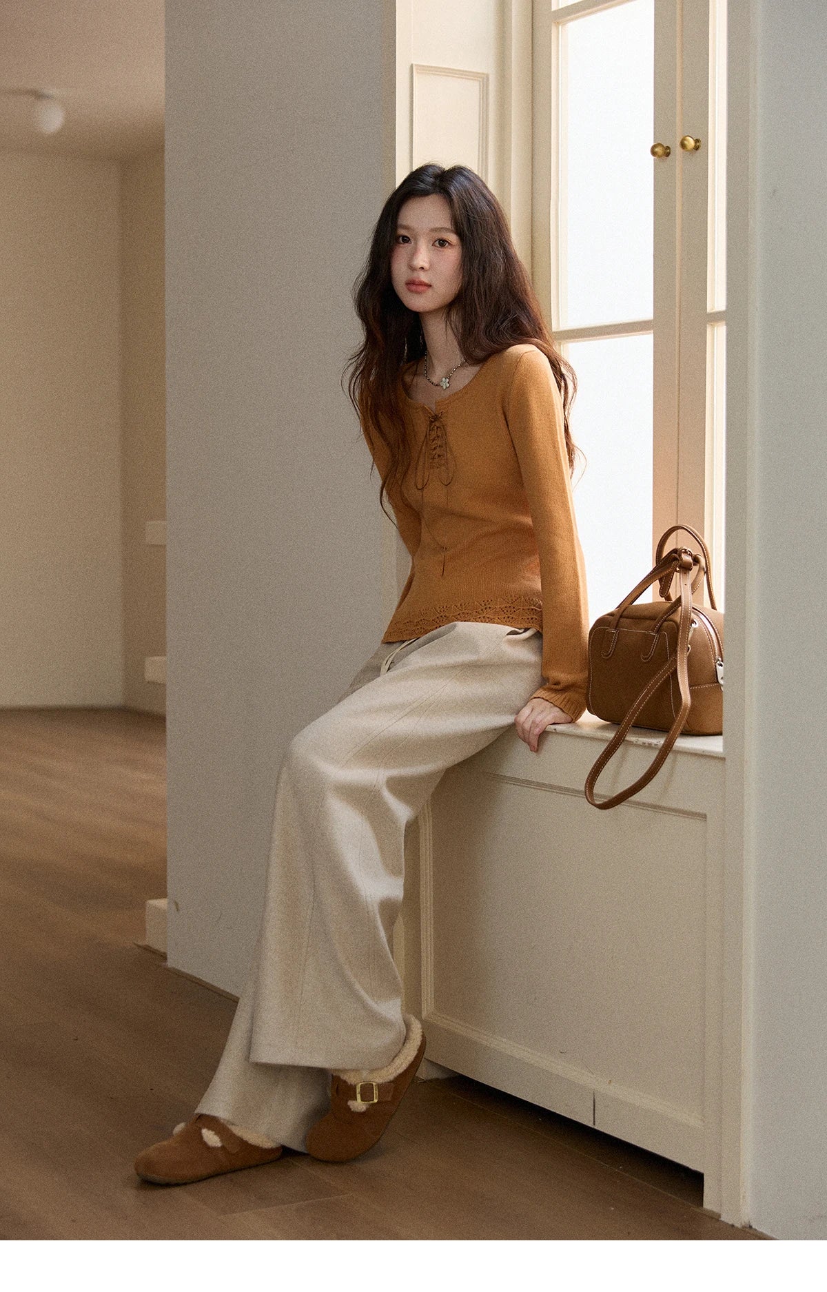 Mishow Beige Contrast French Hem Crochet Sweater MXE89Z2634