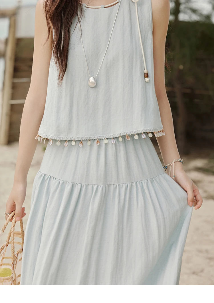 Mishow Sleeveless Round Neck Vest & Solid Midi Skirt Set MXE33T0526