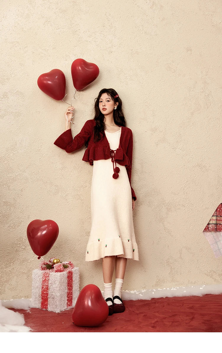 Mishow Pom-Pom Lace-Up Cardigan & Ruffle Strap Dress Set MXD59L2133