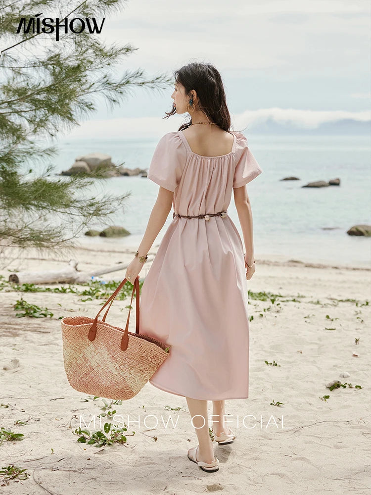 Mishow Bohemian Pink Square Collar Belt Dress MXE33L2158