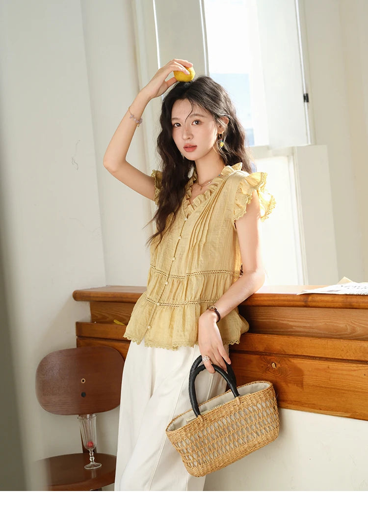 MISHOW Wood Ear V-Neck Shirt Flying Sleeve Wrinkle Spliced MXE37X1908