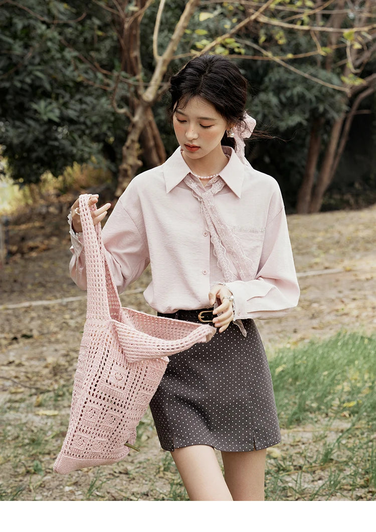 MISHOW Lace Trim Blouse Turn-Down Collar MXE16C0760