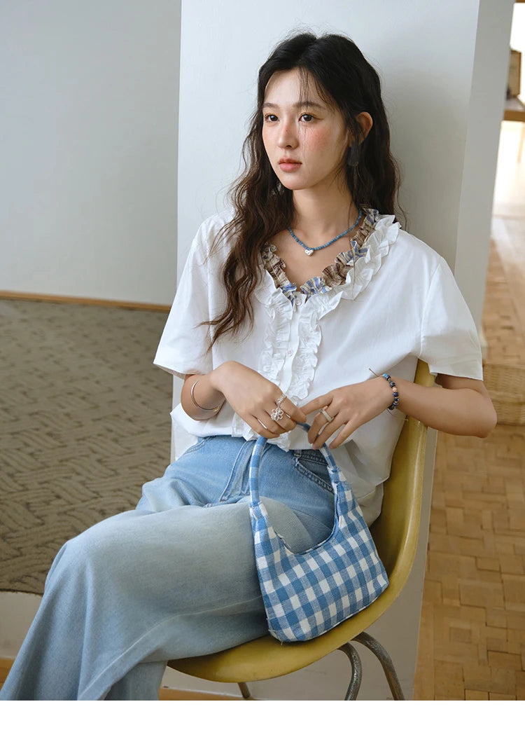 MISHOW V-Neck Shirt Patchwork Double Layer Fungus Edge Button MXE35X1793