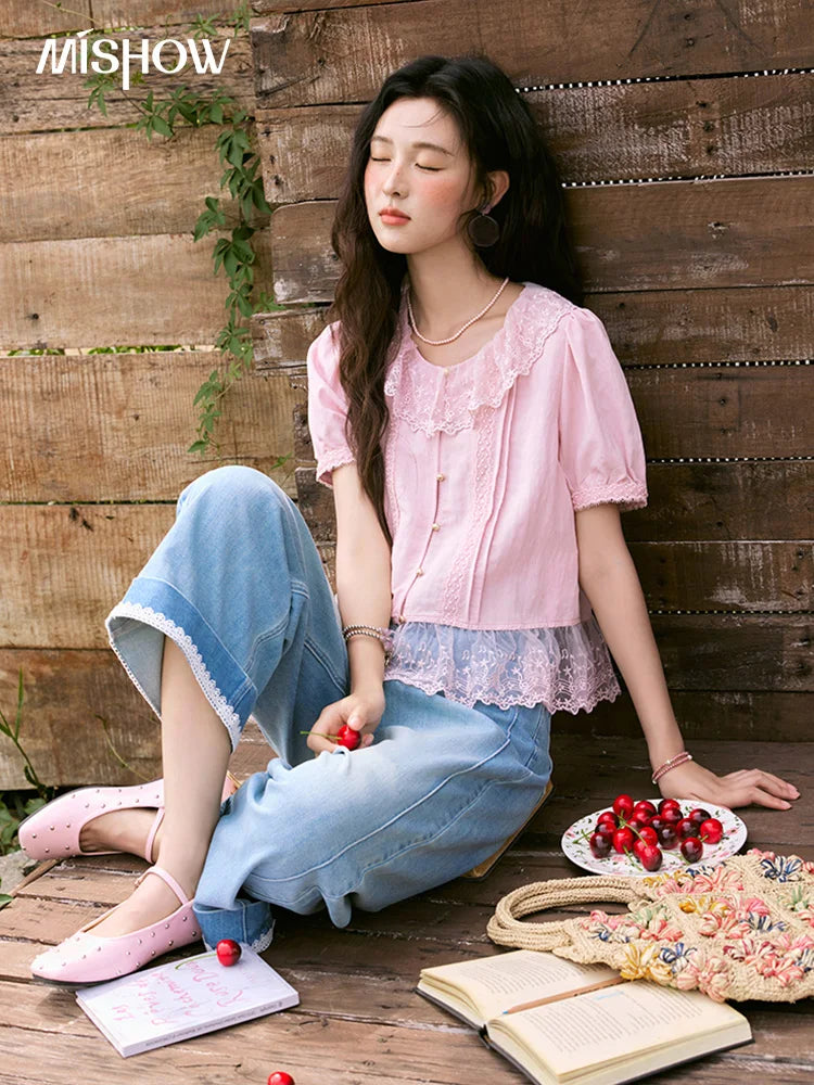 MISHOW Pink Spliced Lace Round Neck Blouse Metal Buttons MXE32X1768