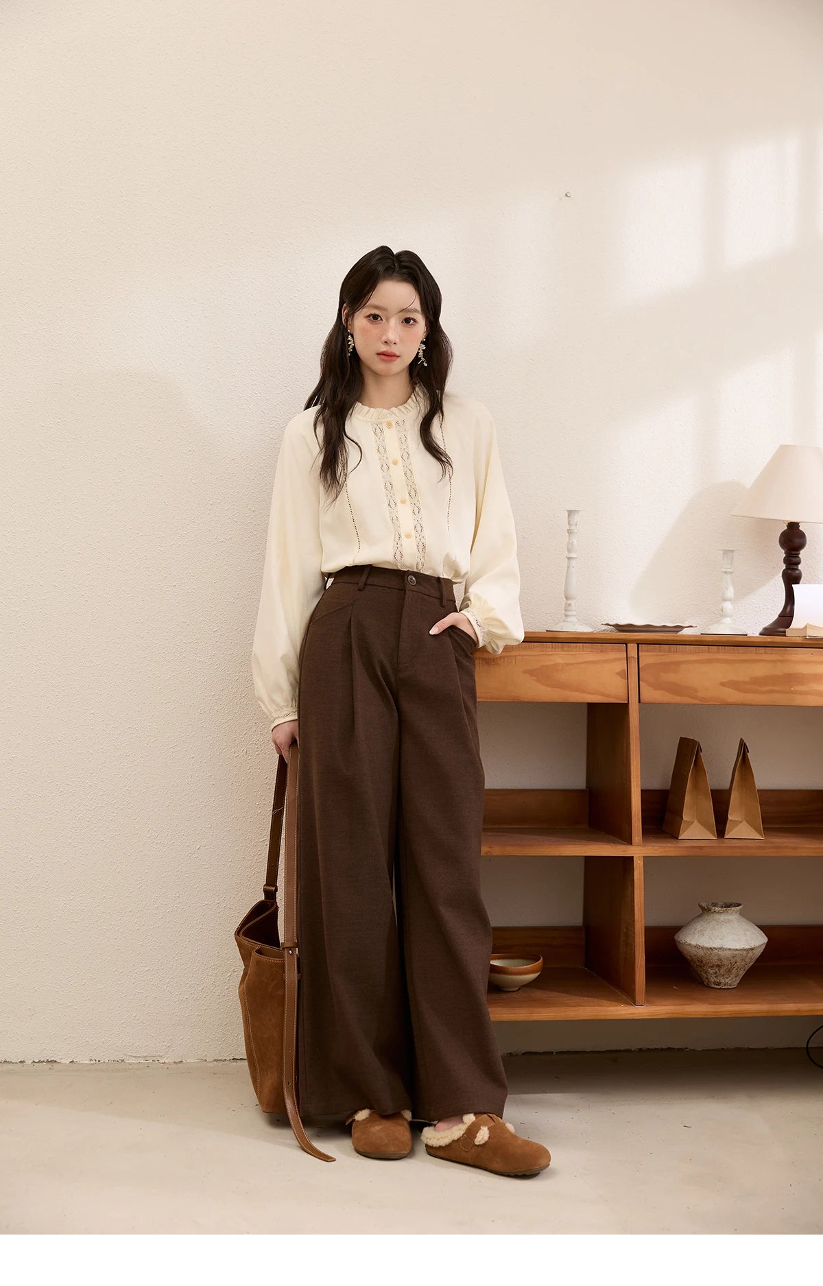MISHOW Brown Wide-Leg Pants High Waist Drape Trousers MXE51K1094
