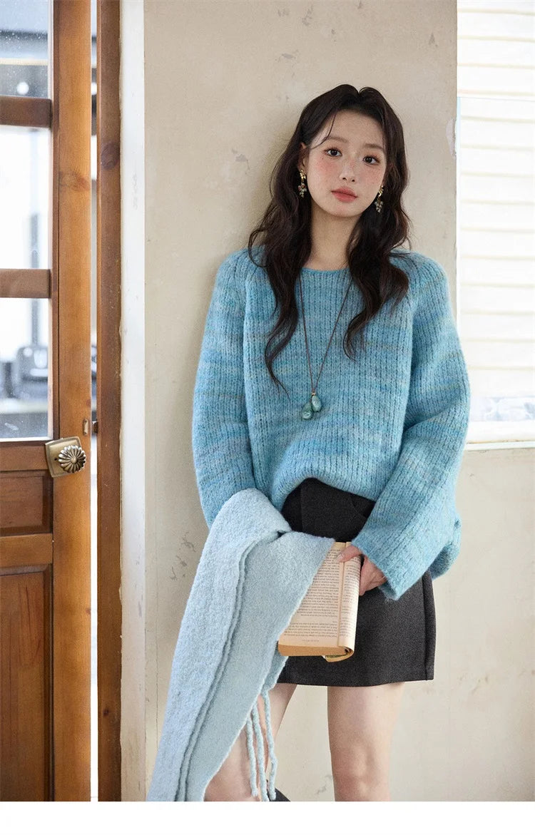 Mishow Blue Loose Crew Neck Long Sleeve Pullover MXE86Z2733