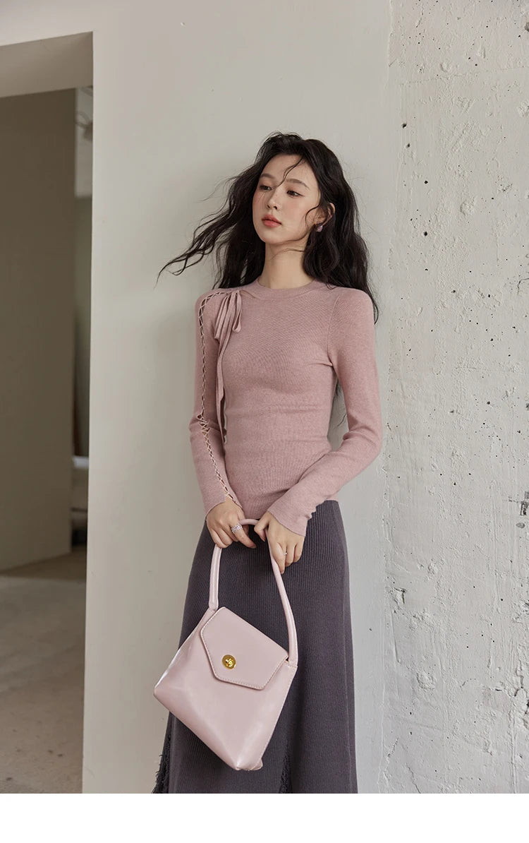 Mishow Hollow Tie Design Bottoming Knit Sweater MXD45Z0766