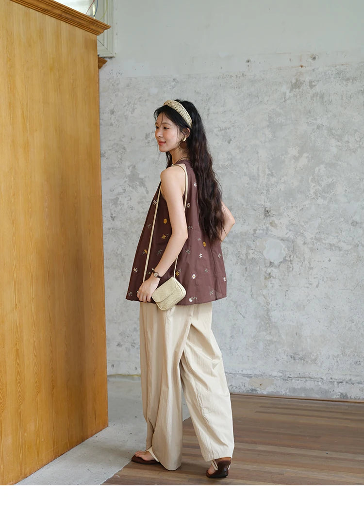 Mishow Embroidery Hanging Neck Sleeveless Top & Khaki Wide Leg Pants Set MXE39T0713