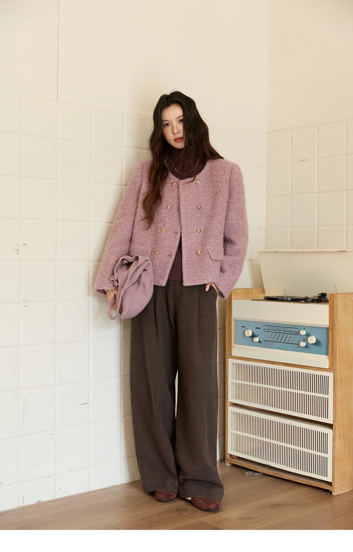 Mishow Purple Double-Breasted Tweed Wool Coat MXE88W0881