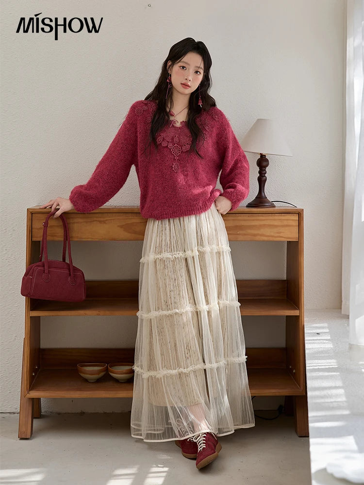 Mishow Pink Lace Wool V-Neck Lantern Sleeve Pullover MXE51Z2632