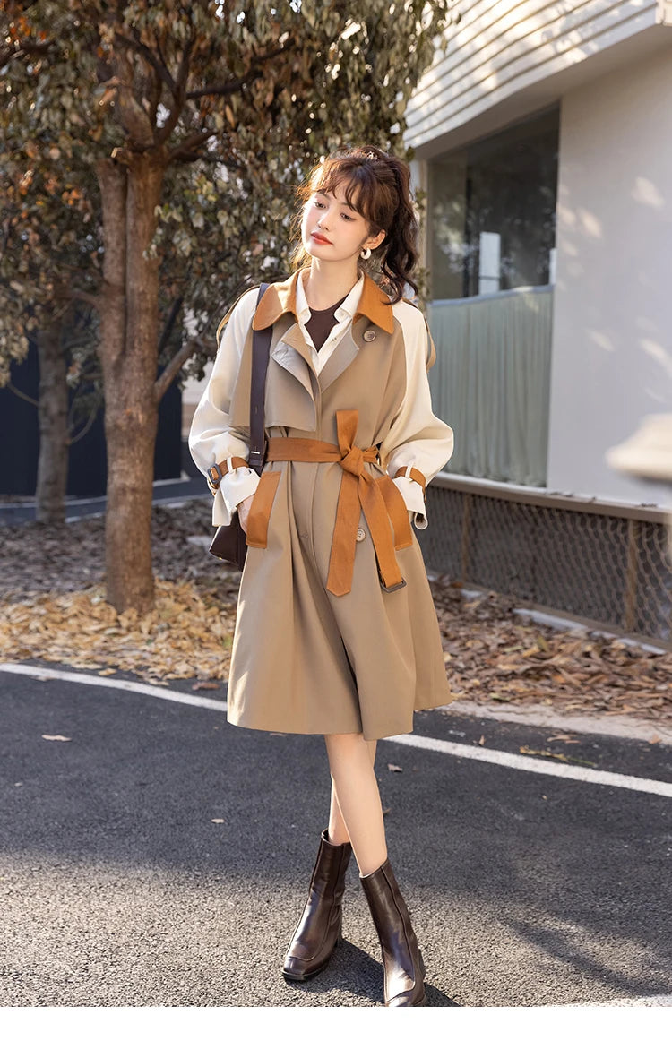 Mishow Khaki Contrast Color Spliced Trench Coat MXB31W0367
