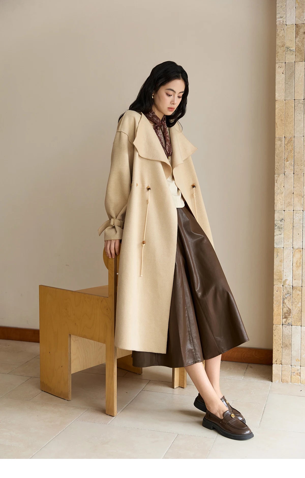 Mishow Drawstring Waist Large Lapel Mid-Length Woolen Coat MXE45W0841
