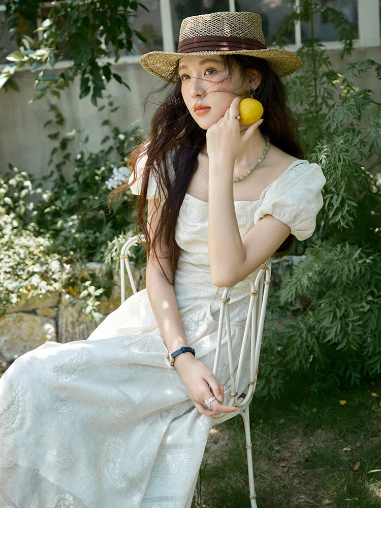 Mishow Paisley Embroidery Square Neck Puff Sleeve Dress MXE34L2265