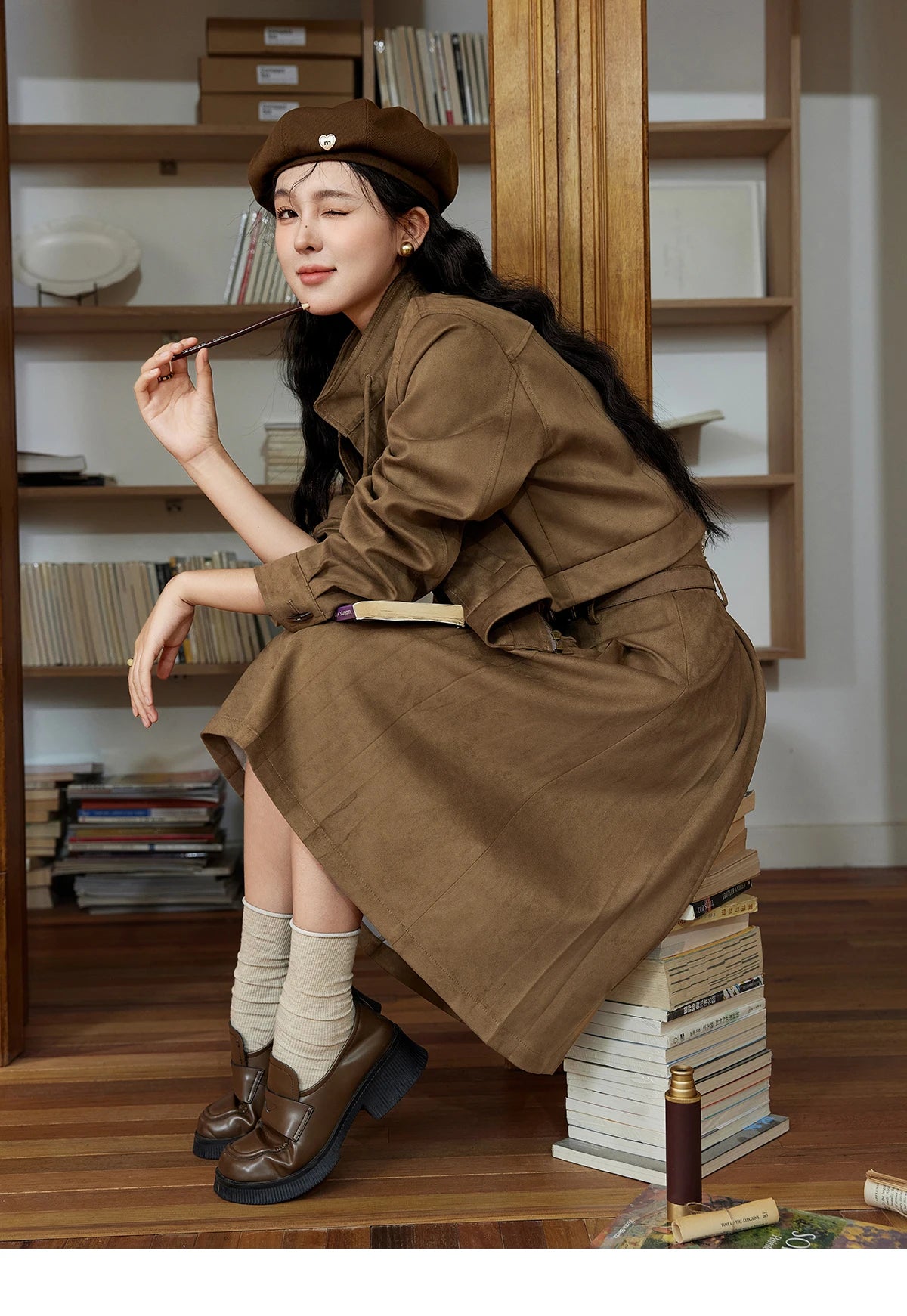 Mishow Retro Suede Stand Collar Jacket & Pleated Skirt Set MXD44W0423