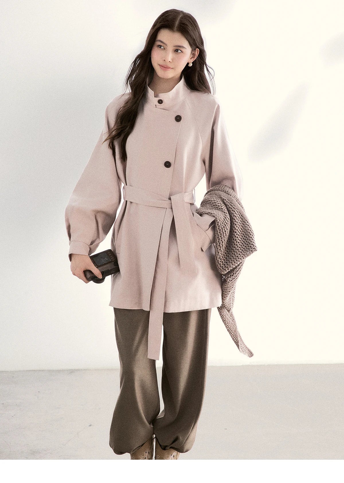 Mishow Dusty Pink Stand Collar Belted Trench MXF108W1002