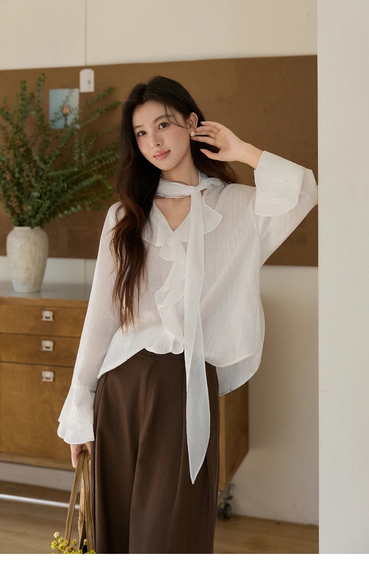 MISHOW Ruffle Trim Chiffon Blouse Detachable Scarf MXF108X0999