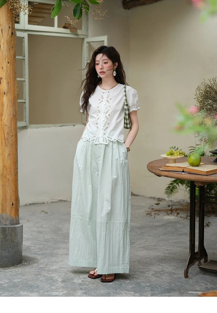 MISHOW 100% Cotton Hollow Embroidery Round Neck Puff Sleeve MXE39X1938