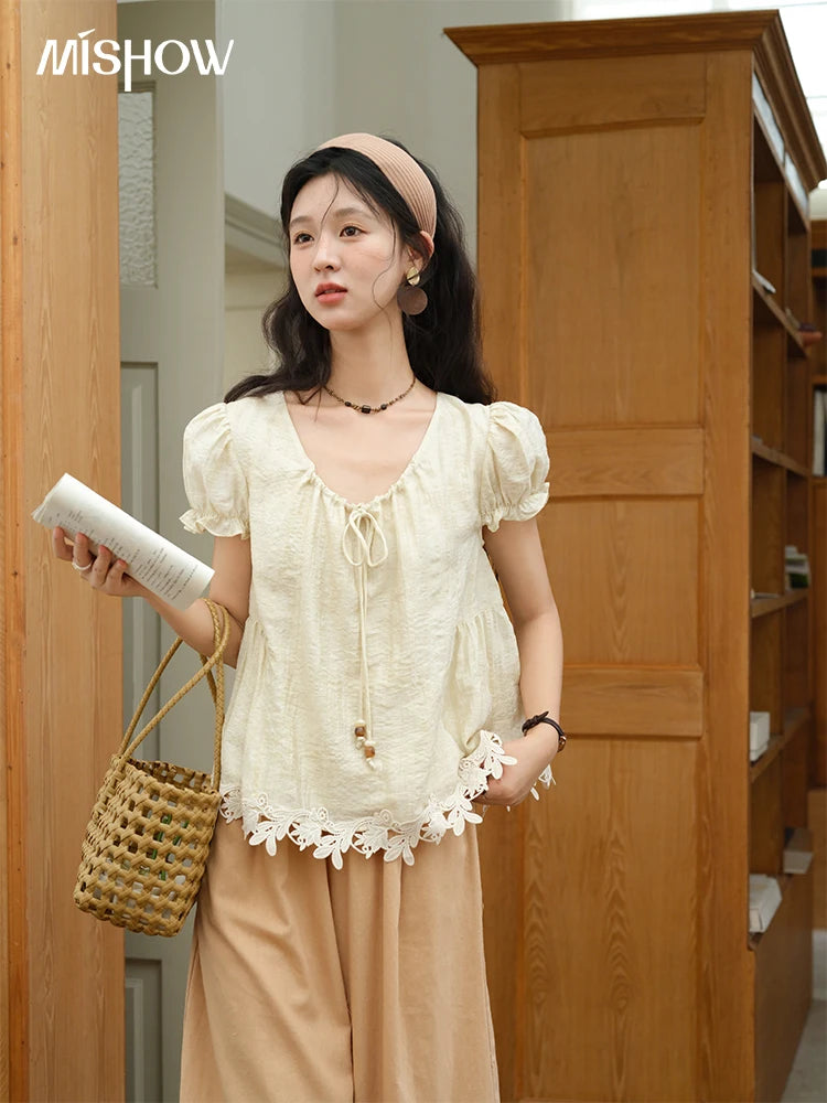MISHOW French Round Neck Lace Up Blouse Embroidery Puff Sleeve MXE39X1956