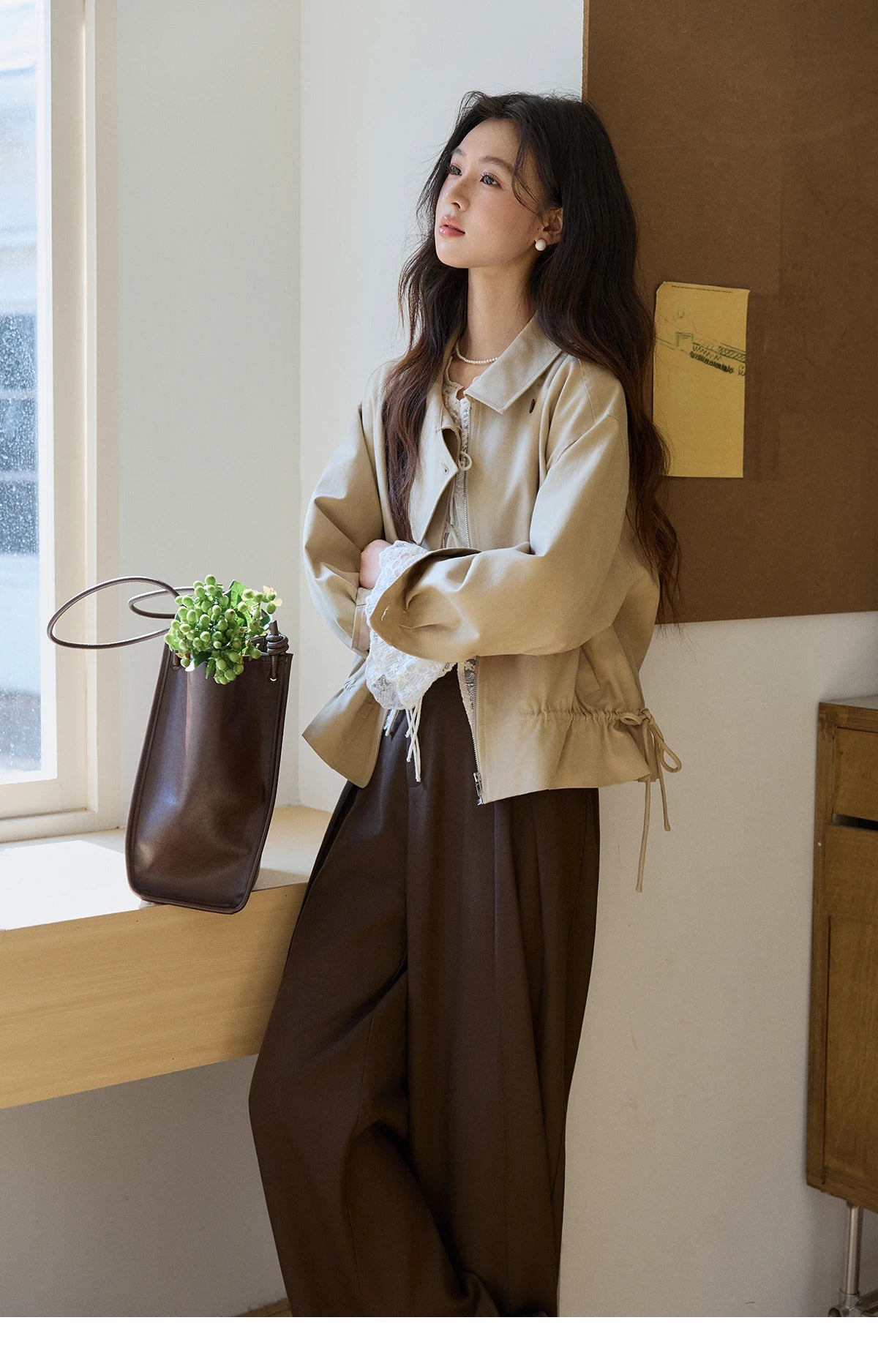MISHOW Khaki Cropped Jacket Asymmetrical Collar Drawstring Waist MXF11W1029