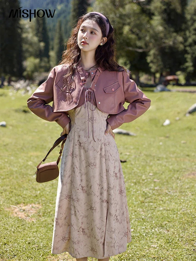 Mishow Leather Patchwork Floral Strap Dress MXD43L2031