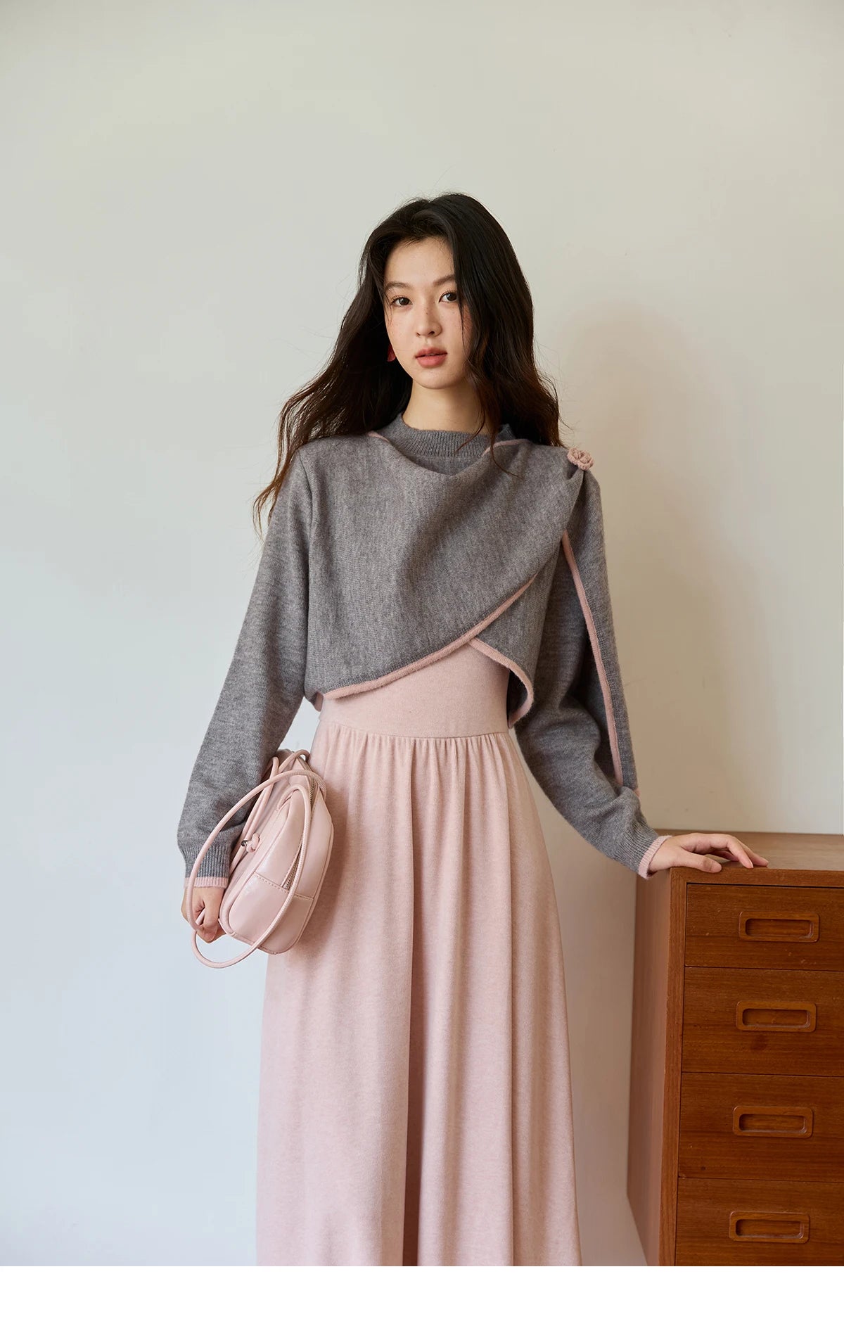 Mishow Pink Irregular Round Neck Top & Suspender Dress Set MXE49T1397