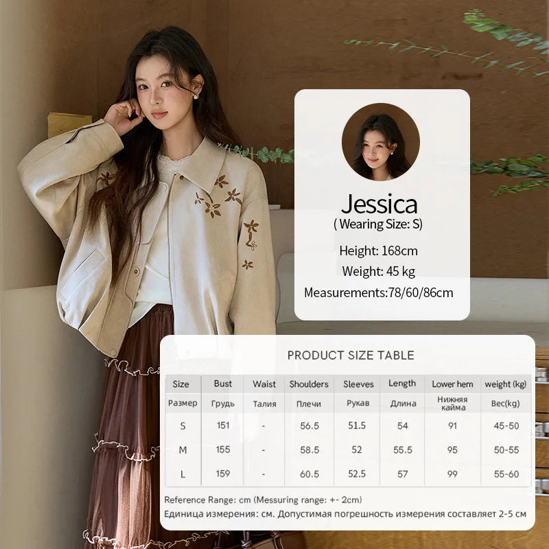 MISHOW Imitation Suede Jacket Floral Embroidery Lapel Zipper MXF11W1027