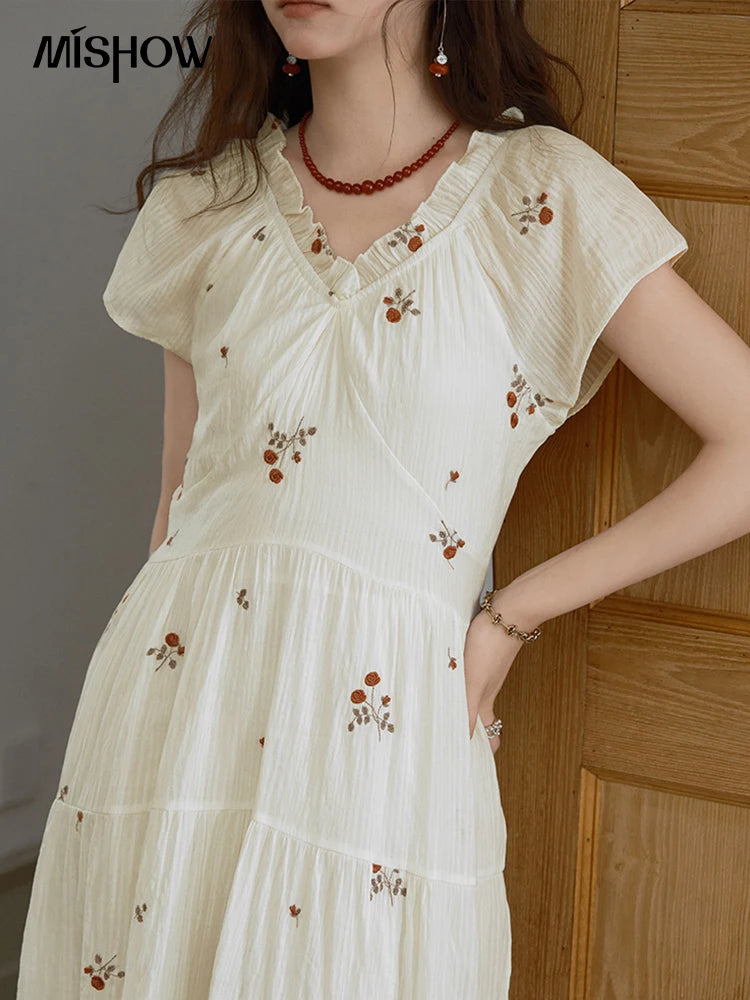 MISHOW V-Neck Chiffon Lace Embroidery Dress MXE39L2382