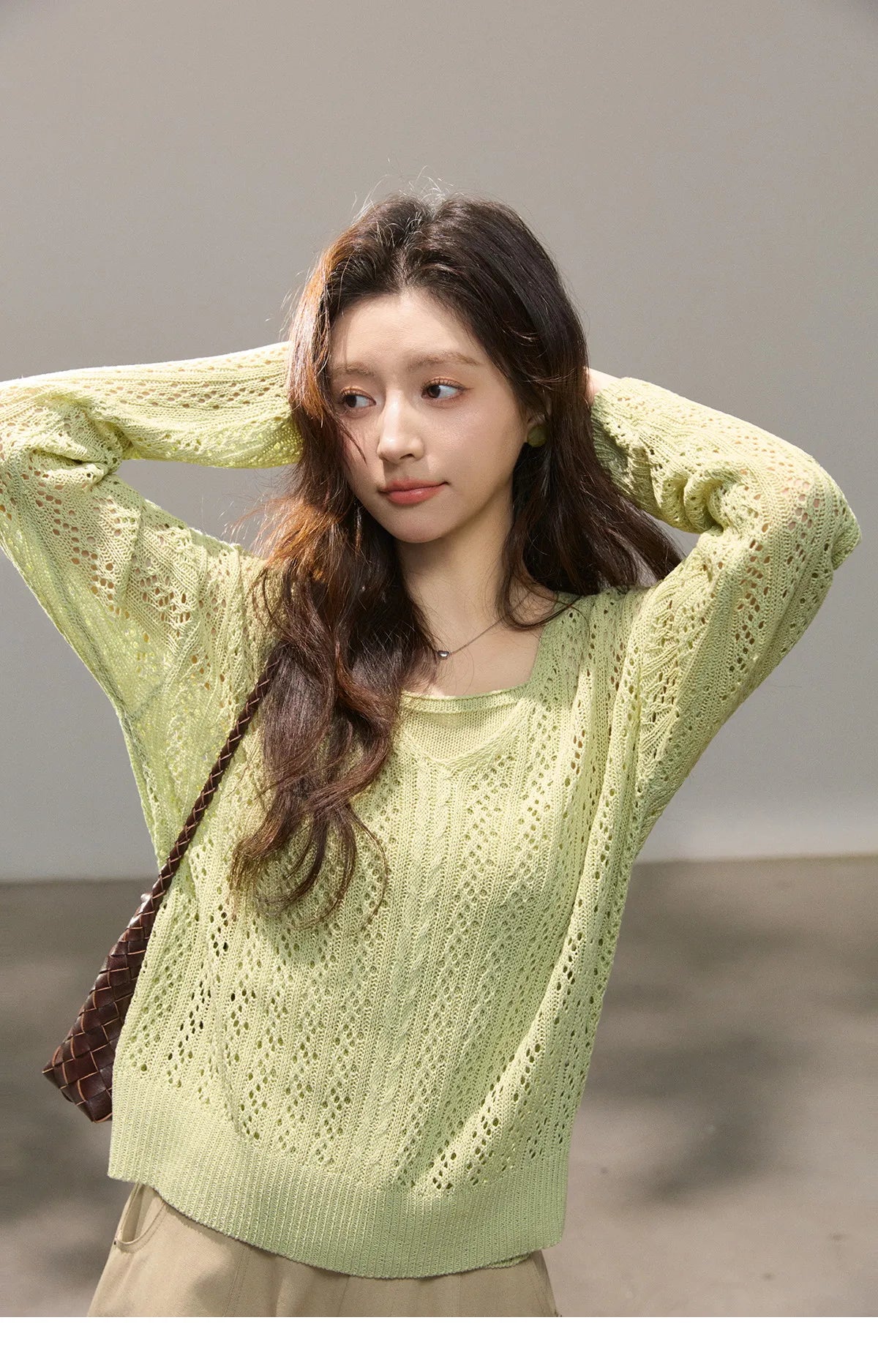 Mishow Green Hollow Cable Knit Top & Camisole Set MXF16T1524