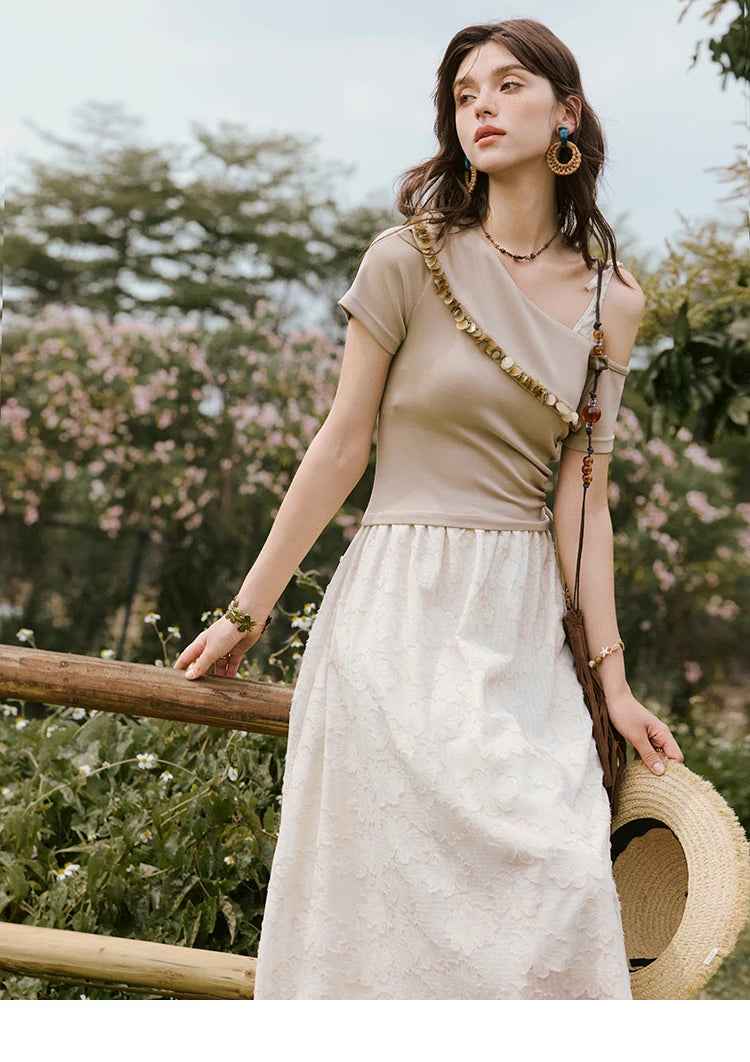Mishow Off-Shoulder Knitted Patchwork Midi Dress MXE33L2207