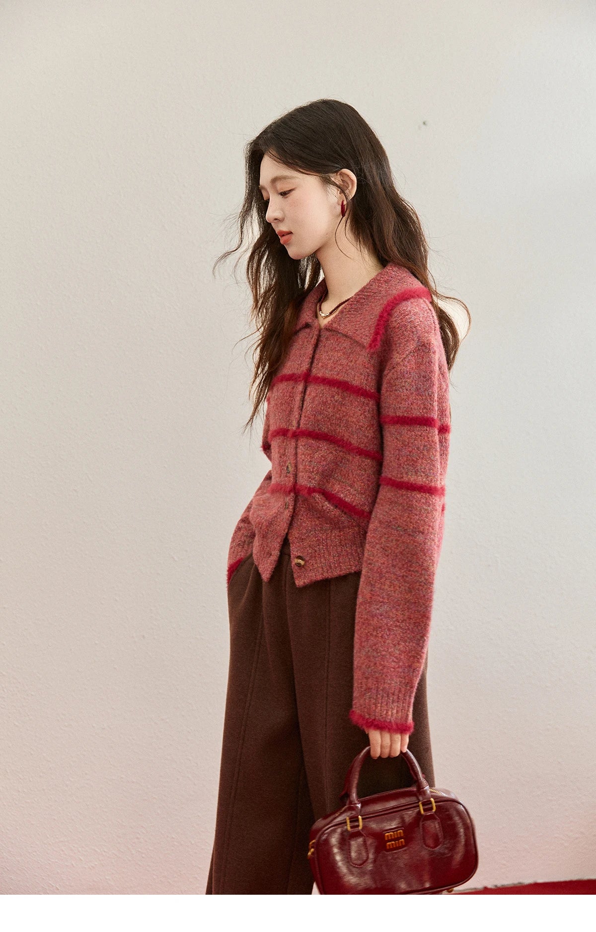 Mishow Red Striped Large Lapel Fleece Cardigan MXE94Z2888