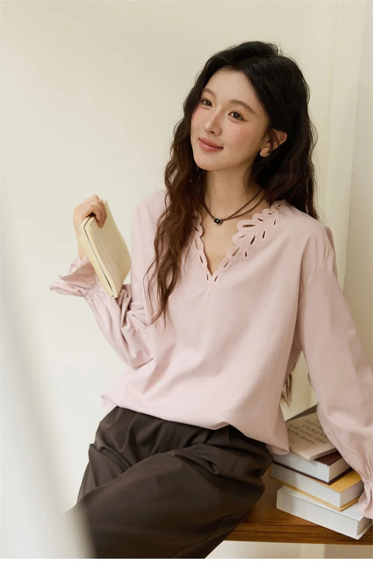 MISHOW French Style Hollow Out V-Neck Pink Blouse Long Sleeves MXE48X2502
