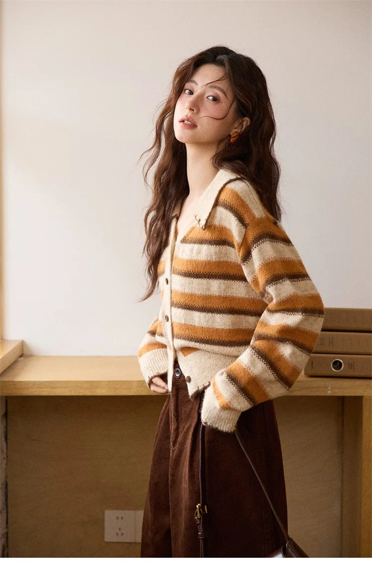 Mishow Retro Striped V-Neck Wool Cardigan MXE87Z2681