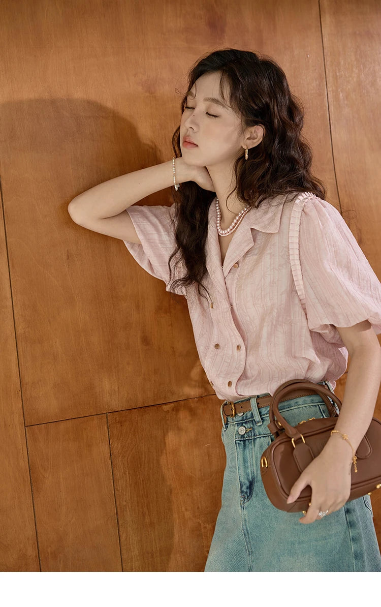 MISHOW Retro Pink Short Sleeve Shirt Ruffled Edge MXD29C0273