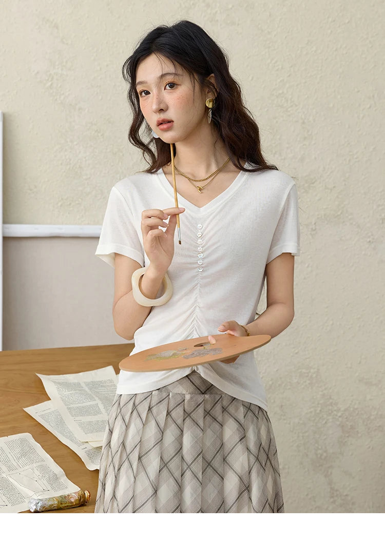 Mishow V-Neck Front Elastic Shell Button Tee MXE34T0560