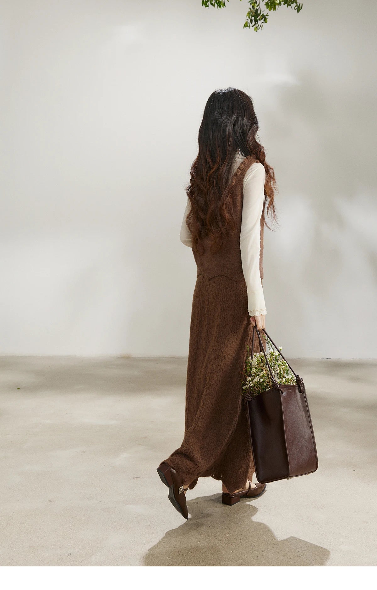 Mishow Brown Knitted Vest & Cable Knit Maxi Skirt Set MXF11T1460