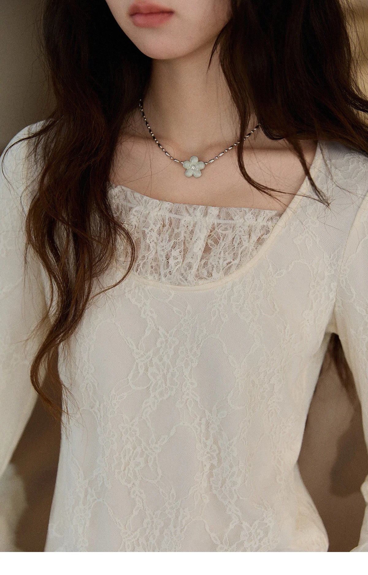 Mishow Beige Lace Patchwork Square Neck Top MXE91X2514