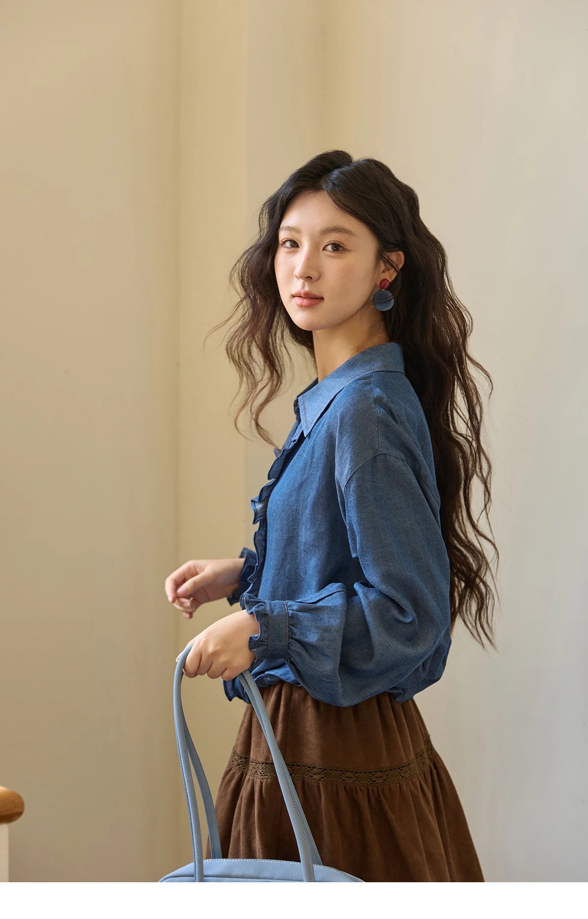 MISHOW Blue Lyocell Denim Shirt Ruffled Placket Waist Cinc MXE43C2386