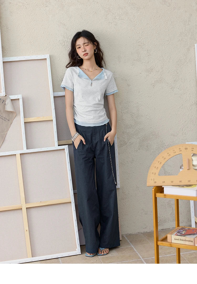 Mishow Grey Blue Fake Two-Piece Wavy Edge Tee MXE35T0567