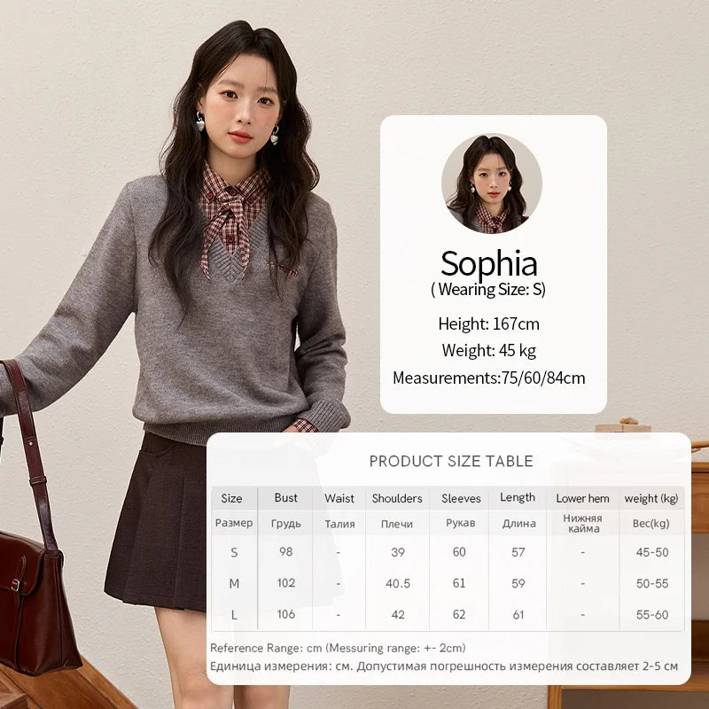 Mishow Fake Two-Piece Plaid Turn-Down Collar Sweater MXE89Z2605