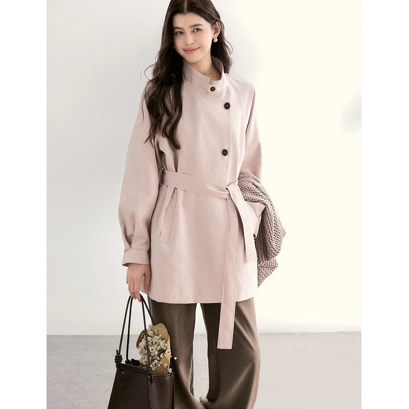 Mishow Dusty Pink Stand Collar Belted Trench MXF108W1002