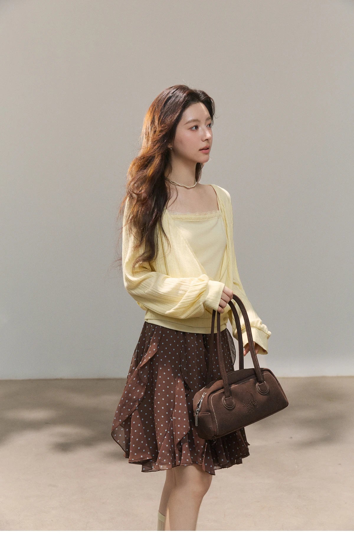 Mishow Lemon Yellow Lantern Sleeve Top & Lace Camisole Set MXF13T1513